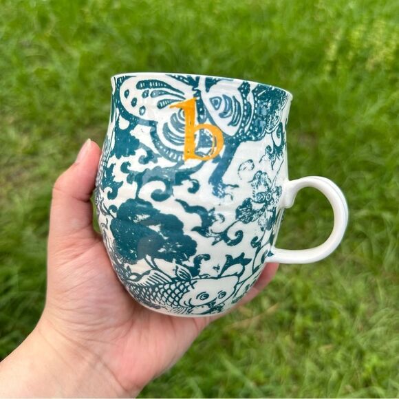 Anthropologie Homegrown Blue White Fish Floral B Monogram Mug Bohemian Coastal - Picture 1 of 8